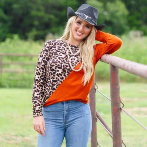Leopard & Solid Diagonal Color-Block Top – Rust