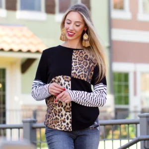 Leopard Color Block and Striped Long Sleeve Top